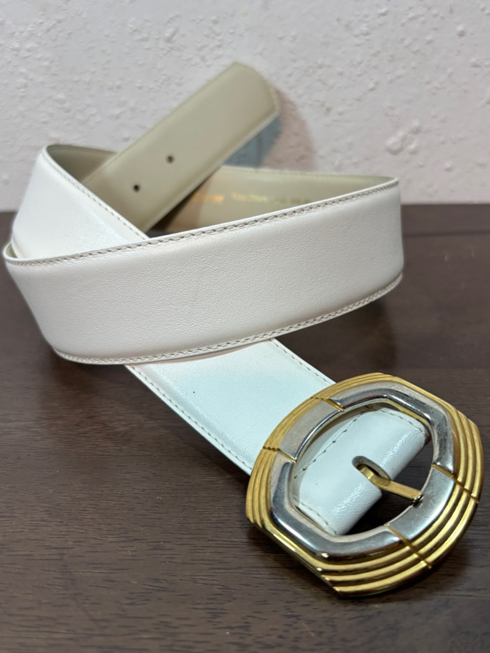 Vintage Claiborne White Leather Belt with Two-Tone Gold & Silver Buckle